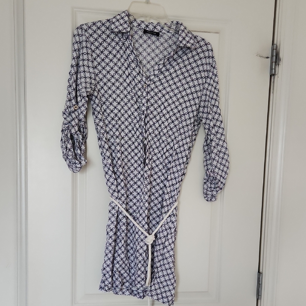 Nautica Navy and White Geometric Long Sleeve Dress